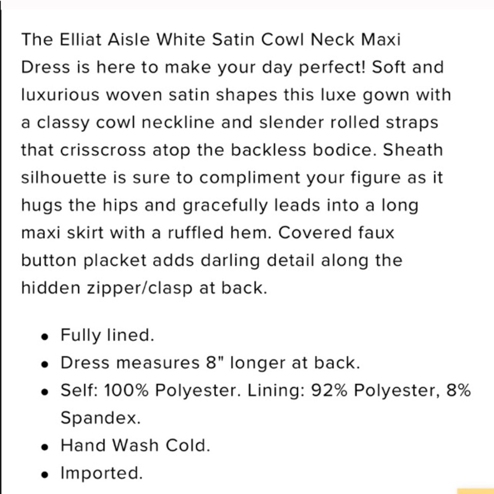 Elliatt Aisle White Satin Cowl Neck Maxi Dress - Picture 6 of 6
